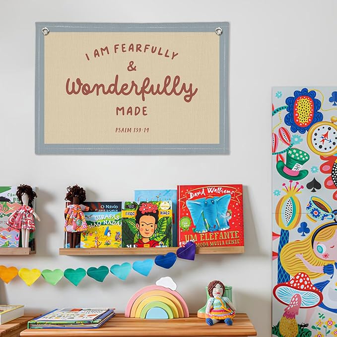 Kids Room Decor - Bible Verse Wall Hanging, 'I am Fearfully and Wonderfully Made' Linen Banner, Canvas Decoration for Classroom, Nursery - Blue