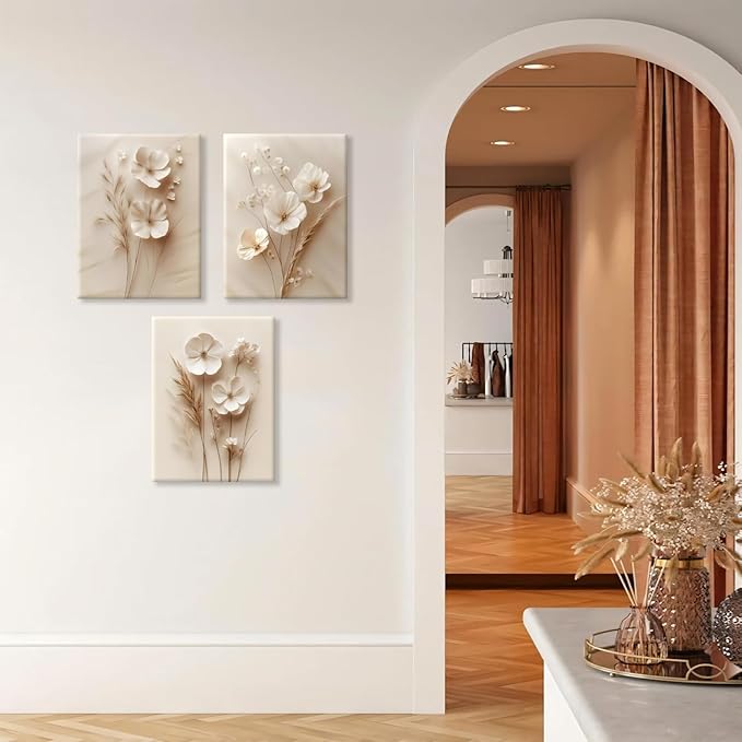 3Pcs Framed Neutral Beige Floral Canvas Wall art Modern Simple Texture Plant Painting Wall Decor Vintage Flower Poster Prints for Living Room Bedroom Farmhouse 16x24in Ready to Hang