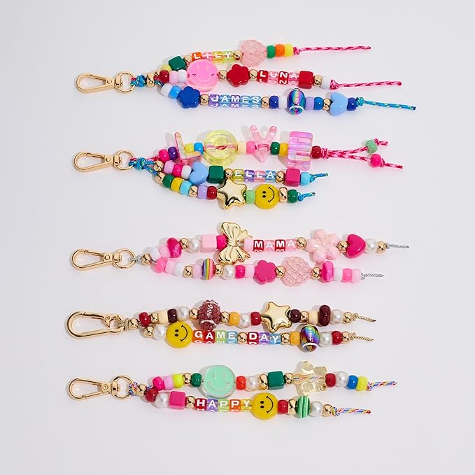MYCUTEY DIY Keychain Making Kit-Beaded Keychain&Bag Charm Craft Supplies with Keyrings,Cords and Colorful Football,Letter,Star,Heart,Pony Beads for Kids,Personalized Name A-Z Jewelry Making Kit Gifts