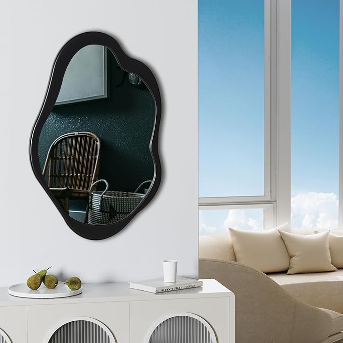 24"x 15" Black Wavy Wall Mirror Wood Frame, Modern Decorative Asymmetrical Mirror for Bedroom, Living Room, Entryway