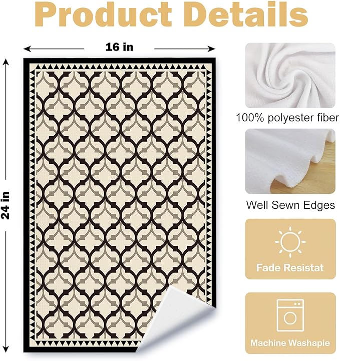 Black Beige Moroccan Kitchen Towels Set of 2, Retro Boho Abstract Dish Tea Towels for Kitchen Decor, Retro Mid Century Modern Hand Towel for Bathroom Decor, 16x24 Inches