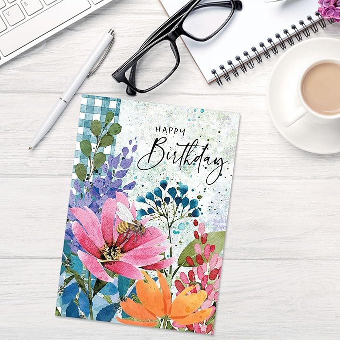 Current Floral Bees Birthday Cards - Set of 8 (4 designs, 2 each), 5 x 7 Inches, Sentiments Inside, Envelopes Included, Assortment Set