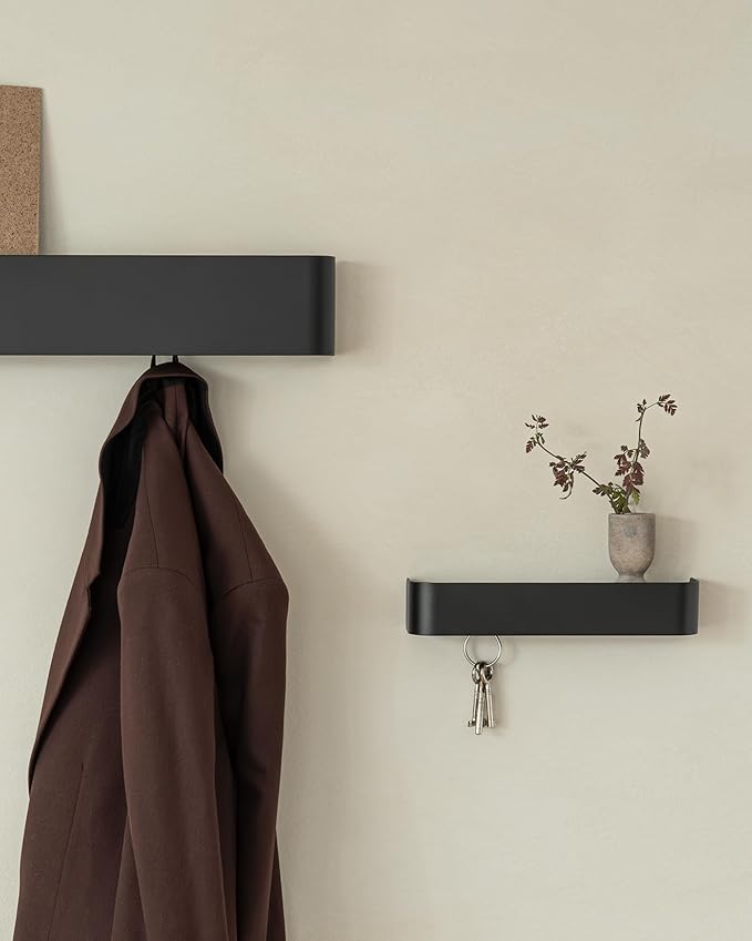 Kazai.ยฎ๏ธ Coat Rack Wall Mount with Shelf 'Tone' | Modern Design Coat Hanger with Hidden Hooks and Storage | Hat Rack with Shelf in Metal | Wall-Mounted Purse Organizer | Black