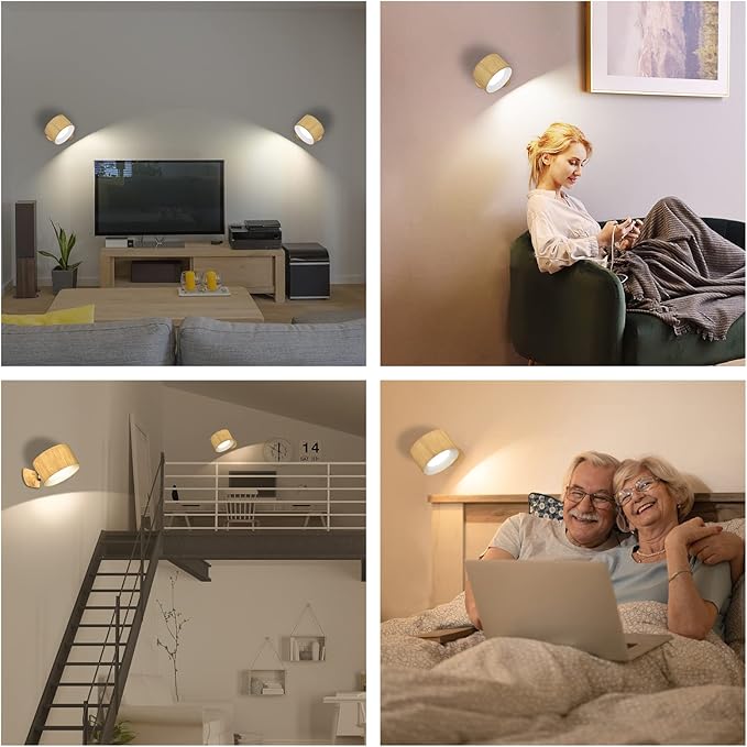 LED Wall Sconce, Wall Mounted Lamp with Rechargeable Battery Operated USB Port 3 Color Temperature & 3 Brightness Level 360°Rotate Magnetic Ball, Cordless Light for Reading Bedside-Wood