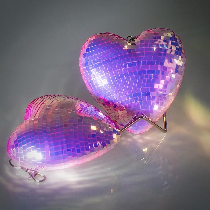 2 Pack Mirror Heart Disco Ball, Purple Reflective Hanging Decorative Ornament with Stand, Heart-Shaped Decor for Wall, Party, Room, Home, Gift Idea for Couples, Valentine's Day(4.5 inch)