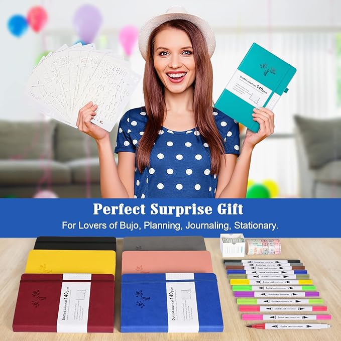 Bullet Dotted Journal Kit, 140gsm Hardcover A5 Dotted Journal with 188 Numbered Pages and 3 Index, 12 Brush Pens Dual Tip, 10 Stencils and 14 Washi Tape for Women Men Teen Girls, Navy