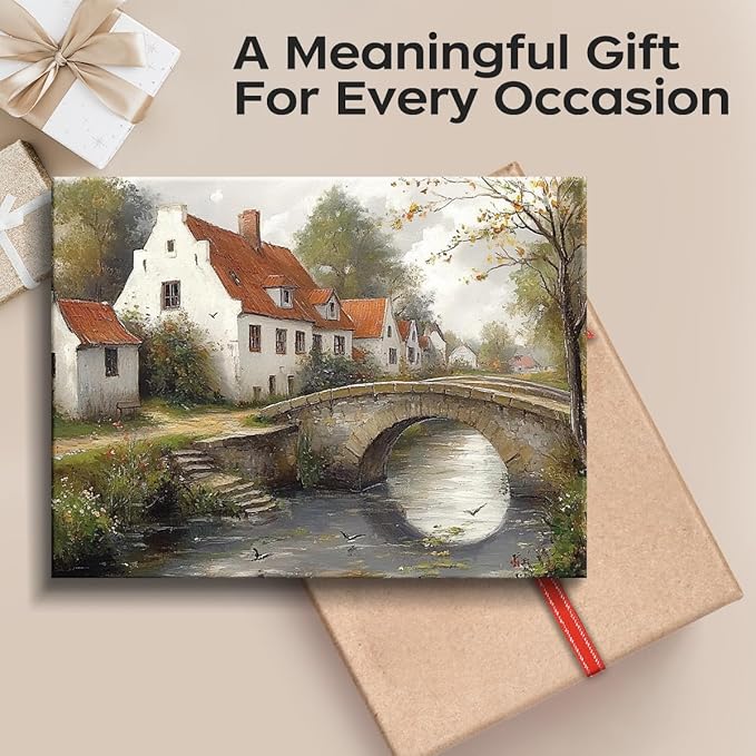 WOXZQ Rustic Countryside Bridge Wall Art – 15x12 Inch Vintage European Village Landscape Print – Frameless Laminated Paper – Hanging & Tabletop Display