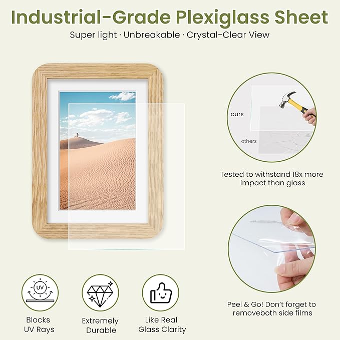Dreamland 5x7 Picture Frame, Solid Oak Wood Photo Frame with Mat for 4x6, Round Corner 5 x 7 Matted Picture Frames with Resistant Plexiglass for Wall Mounting or Tabletop, Oak Color, Set of 1