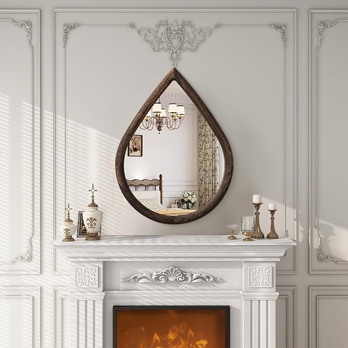 Wood Frame Mirrors for Wall Rustic Retro Hanging Mirrors Drop Shaped Wall Decor Mirror Wall Mounted Irregular Bathroom Bedroom Mirror 16x20 Inches