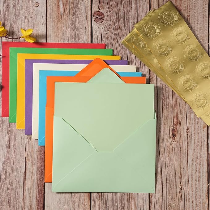 50 Pack A6 Colorful Envelopes with 4x6 Blank Heavy Colored Folded Cardstock and Gold Stickers for Greeting Cards, Wedding, Birthday Party, Baby Showers, Invitations (4x6)