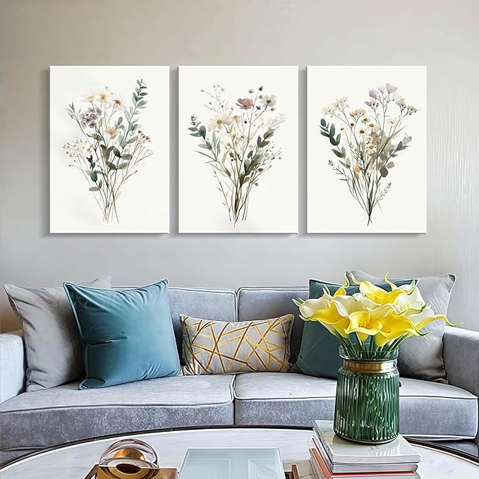 3pcs Framed Plants Flowers Wall Art Decor Canvas Print Nature Style Farmhouse Picture Poster Gallery Bedroom Living Room Studio Kitchen 16x24 Inch Ready to Hang