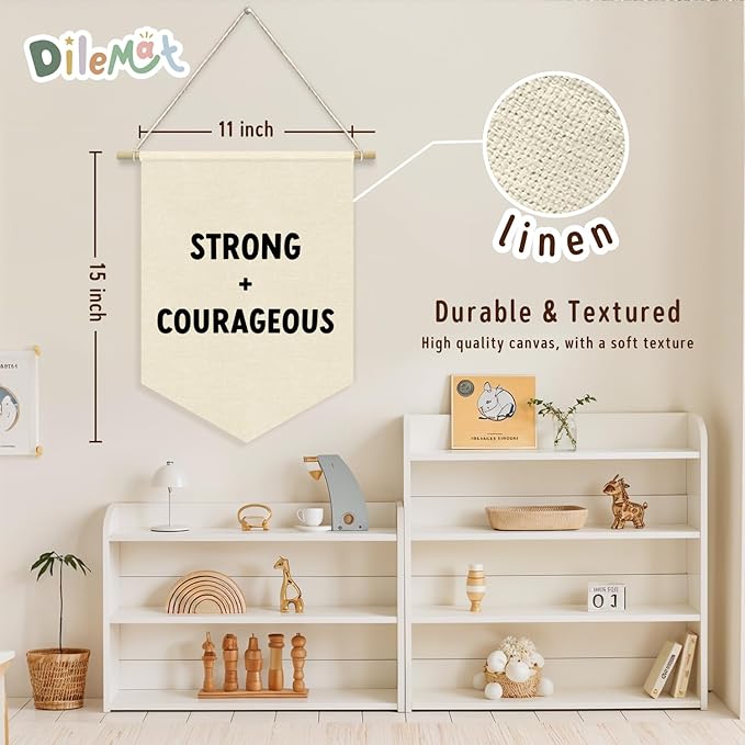 Positive Affirmations Wall Decor,Playroom Boy Nursery Wall Decor,Motivational Bible Verses Strong and Courageous Linen Pennant Banner,Homeshool Wall Art for Kids Room