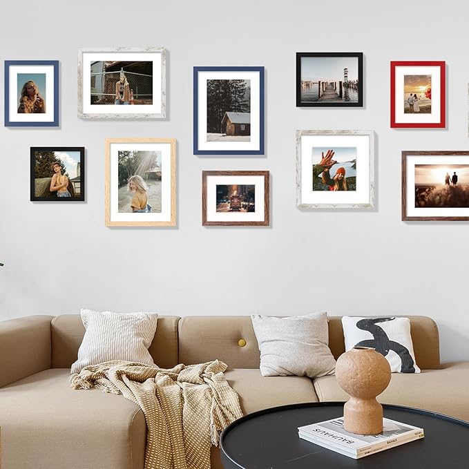 8x10 Picture Frame Set of 9, Display Pictures 5x7 with Mat or 8 x 10 Without Mat, Multi Photo Frames for Wall Mounting or Table Top Display, Blue