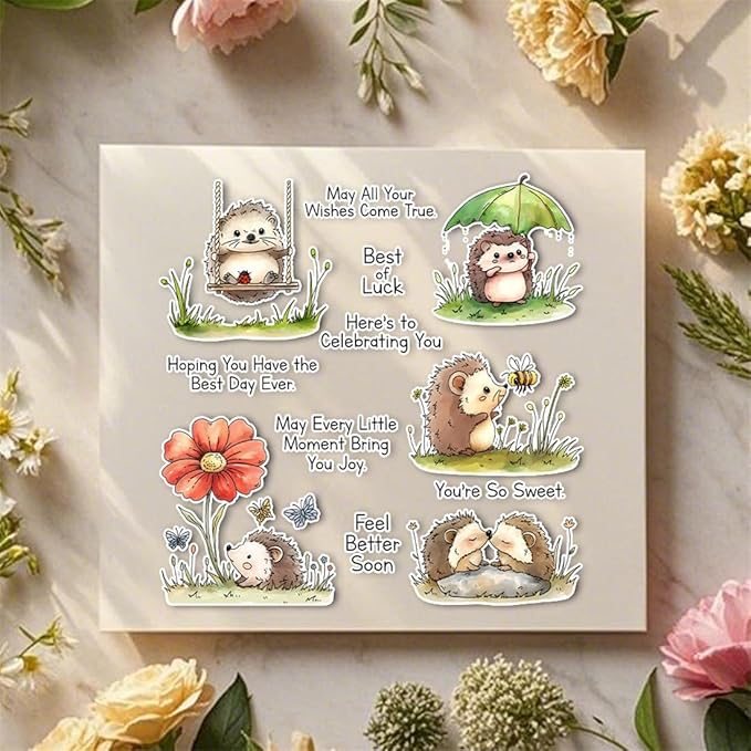 Hedgehog Flowers Plants Stamps and Cutting Dies for Card Making DIY Transparent Silicone Clear Stamp and Metal Die Cuts Sets for Scrapbooking Paper Greeting Cards Decor Seals Craft Supplies