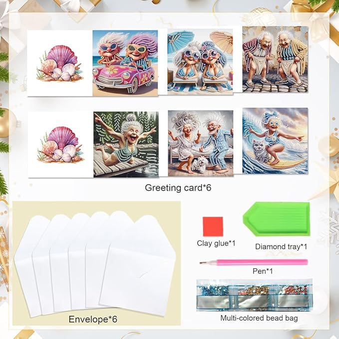 Ceitura 6Pcs DIY Diamond Art Painting Crafts Rhinestone Painting Greeting Card Making Kit Postcard for Holiday Christmas New Year Party Favors (Happy Old Lady)