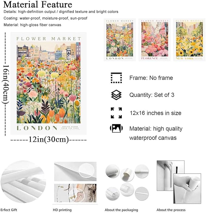 XLARTMY Flower Market Wall Art Print Canvas Yellow Pink Floral Paintings Colorful Botanical Sunflower Artwork Travel Poster for Decor Picture 3 pieces for Living Room Bedroom Bathroom 12x16in Unframed