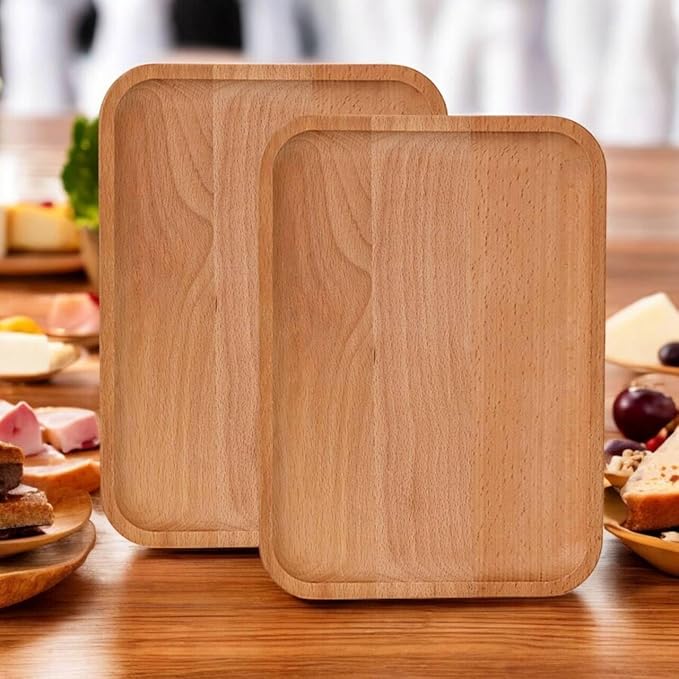 2 Pack Solid Wood Serving Platters and Trays of Natural with Edge,Rectangular Avoid Sliding and Spilling Food (Wood 10x7Inch)