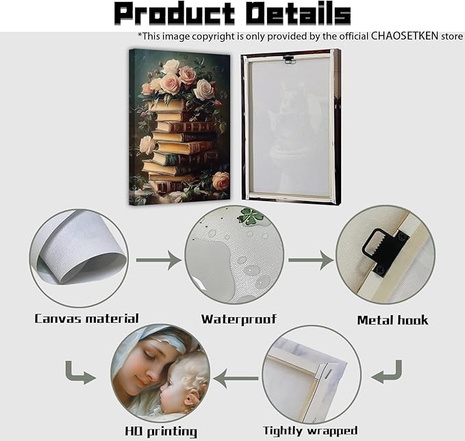 CHAOSETKEN Vintage Books Wall Art Flower and Books Canvas Prints Moody Floral Pictures Aesthetic Poster Rustic Still Life Artwork for Library Office Decor Framed (Black,18" L x 12" W)