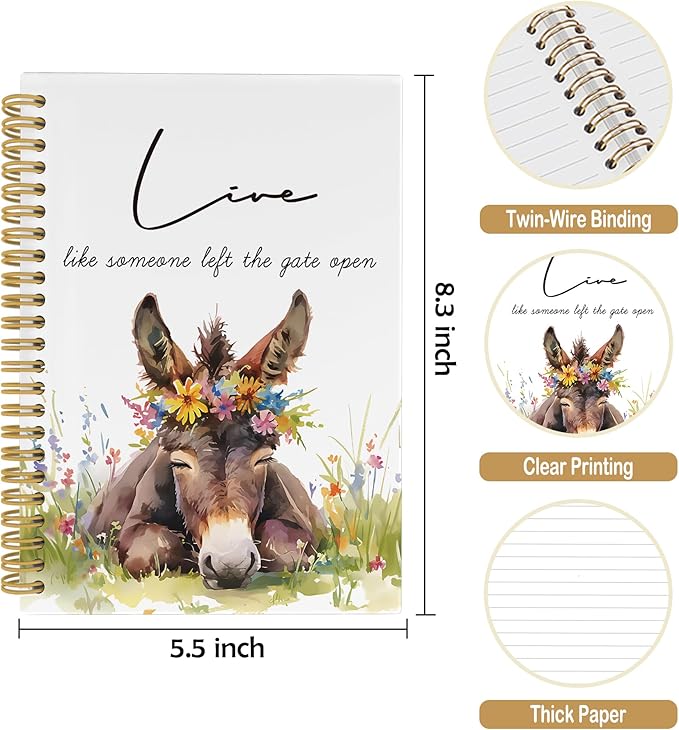 Inspirational Positive Donkey Journal Notebook - Rustic Flower Donkey Notebooks College Ruled for Work School, Gifts for Farmer, Office Supplies, Hardcover Spiral Notebook 5.5"x8.3"