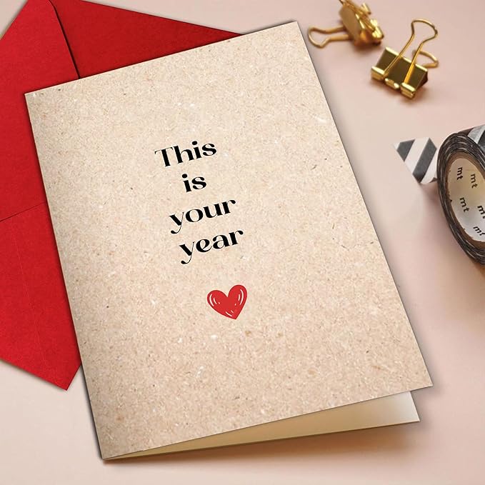 (5.3x8in) This Is Your Year Card, Minimalist Kraft Paper Motivational Greeting with Red Heart, Positive Encouragement Card for New Year, Promotion or Life Change with Envelope (Xmas 44)