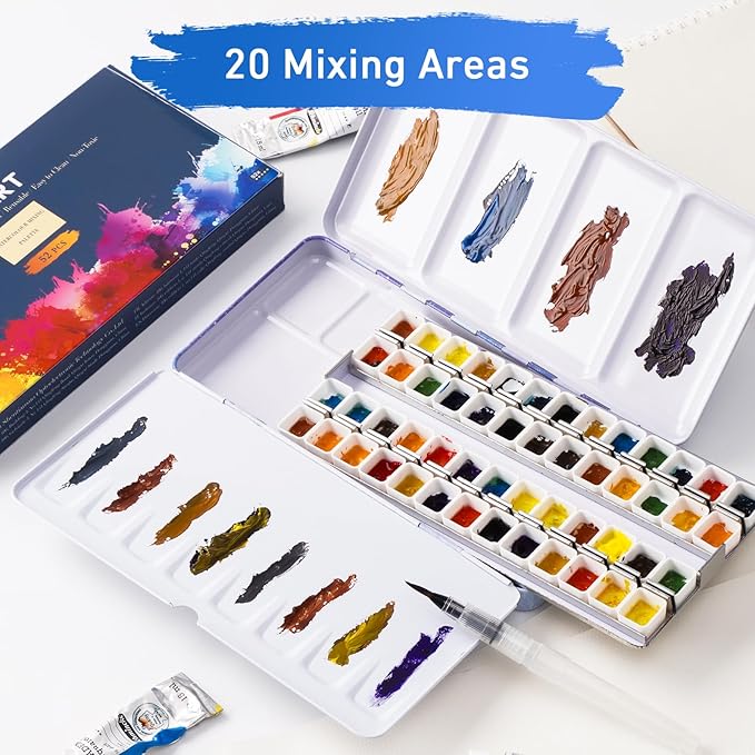 PEVART Empty Watercolor Paint Palette case,Metal Water Color Tin Box with 52 Half Pans and Fold-out Mixing Painting Tray-Portable Travel Watercolor Palette, Plain Air painting