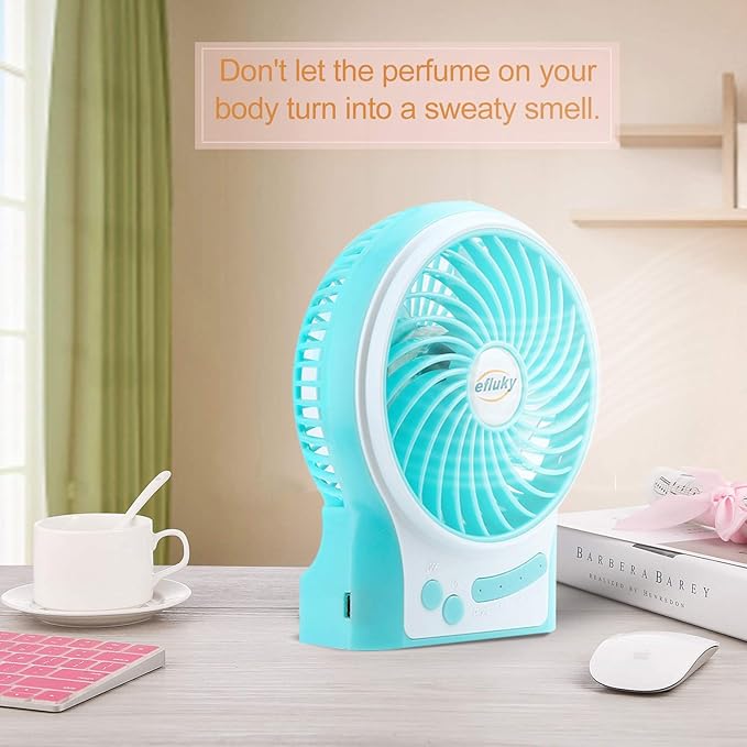 efluky 3 Speeds Mini Desk Fan, Rechargeable Battery Operated with LED Light