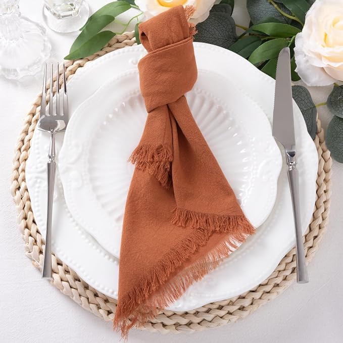12 Pack Terracotta Cotton Linen Napkins with Fringe Spring Cloth Napkins Set of 12 Boho Handmade Dinner Napkins Bulk for Wedding Bridal Baby Shower Valentine's Day, 17 x 17 Inches