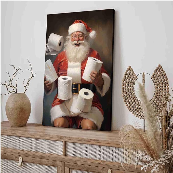Framed Canvas Santa Bathroom Wall Art Toilet Humor Decor Vintage Christmas Holiday Wall Art Restroom Amusing Gift Santa Toilet Rolls Funny Poster 20x30in Wood Framed