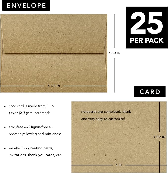 A6 Blank Grocer Brown Kraft Note Cards & Envelopes – Thick Flat Cards for Wedding and Birthday Invitations, Holiday Greetings, Postcards, All Occasions | 25 per Pack | NOT A Fold Over Card
