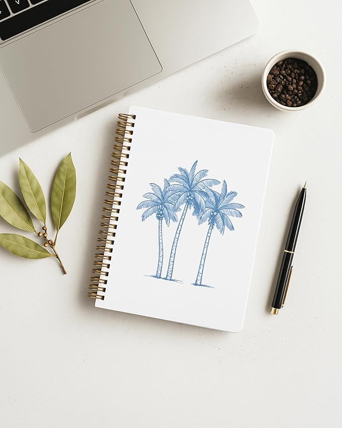 Tropical Palm Tree Notebook, Coastal Beach Journal, Blue Beachy Journal for Writing, Beach Lover Gifts for Women Men, Ocean Aesthetic Spiral Notebook, 5.5x8.3 Inch 554