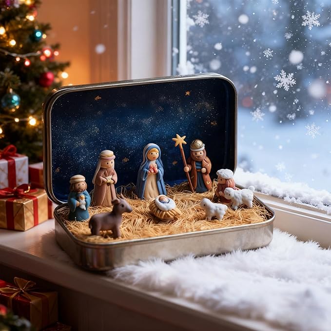 Mini Christmas Nativity Set in a Tin Box, Handcrafted Pocket Bethlehem Scene, Portable Holy Family Display, Small Religious Ornament, for Desk, Shelf, Office