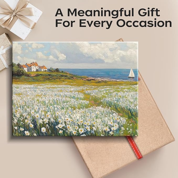 WOXZQ Coastal Daisy Field Wall Art – 15x12 Inch Cottage by the Sea Print – Vintage Floral Landscape with Sailboat – Frameless Laminated Paper – Hanging & Tabletop Display