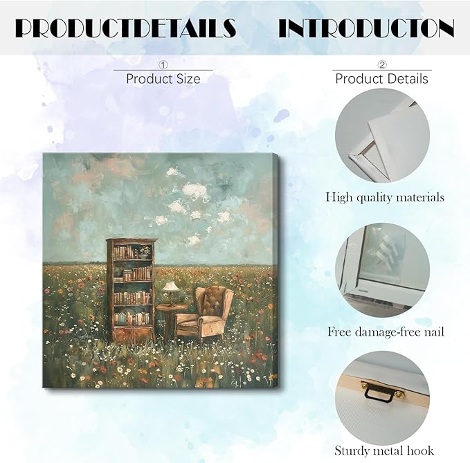 LSXARTQQ Vintage Book Nook Wall Art Whimsical Impressionist Flower Field Wall Decor Retro Book Club Home Library Decor Painting Picture Rustic Farmhouse Bookish Themed Canvas Print (16x16inch)