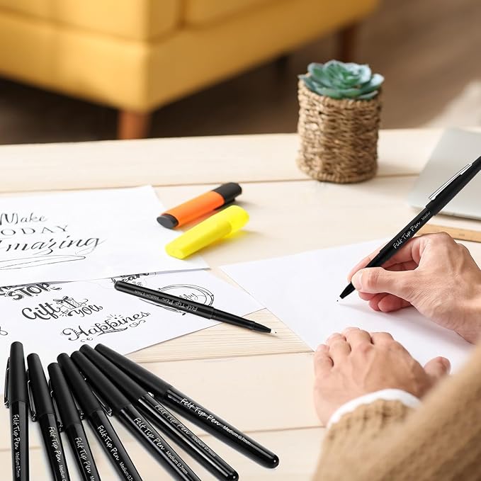 96 Pcs Black Felt Tip Pens 0.7mm Medium Point Pens Bulk, Felt Tip Markers for Journaling, Writing, Note Taking, Planner, Ideal for Office School Art Supplies Gift