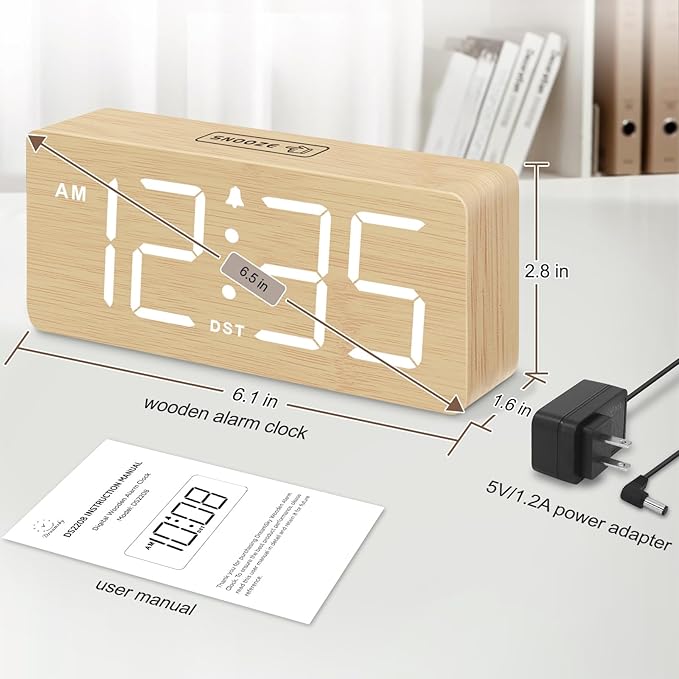 DreamSky Wooden Digital Alarm Clock for Bedroom - Desk Clocks for Living Room with Large Numbers, Dimmer, Loud Alarm for Heavy Sleepers with Volume Control, DST, Office Wood Decor (Plug in Clock)