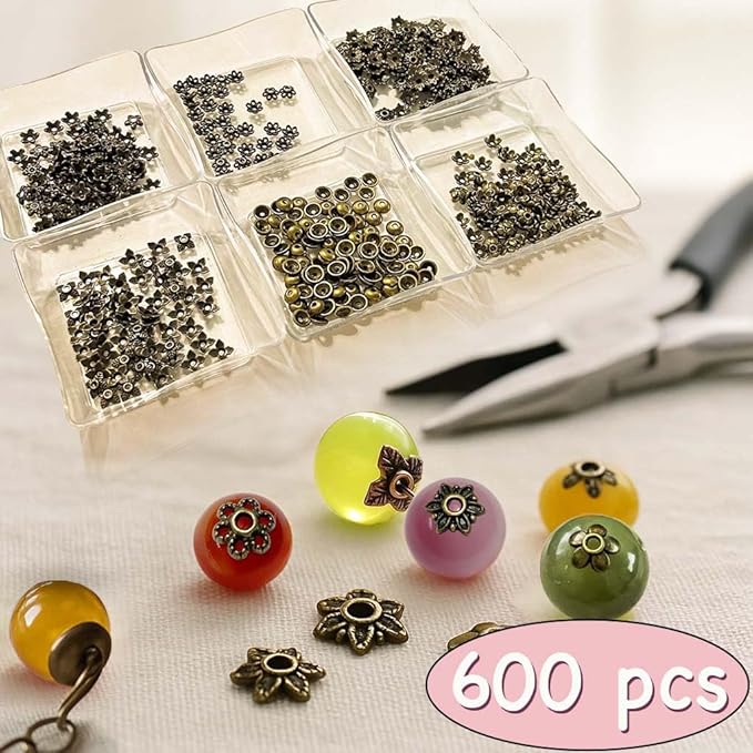 Antique Brass Spacer Bead Caps Set – 600Pcs Mixed Tibetan & Bali Style Beads Caps for Jewelry Making | Fits 8–14mm Beads | Silver, Brass & Copper Metal Bead Caps for Bracelets, Necklaces, Earrings