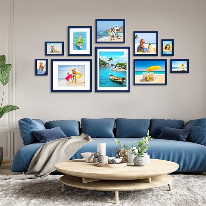 Egofine 4x6 Picture Frames 4PCS Covered by Plexiglass for Picture 3x4.5 and 3.5x5 with Mat or 4x6 whitout Mat Made of Solid Wood for Table Top Display and Wall Mounting Photo Frame, Navy Blue