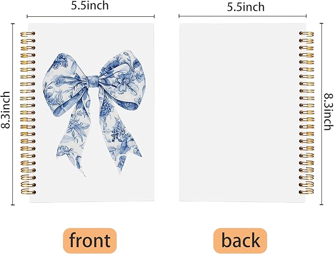Chinoiserie Bow Spiral Notebook 5.5x8.3, Blue and White Floral Journaling Notebooks, Grandmillennial Bow Journal, Aesthetic Notebooks for Note Taking, Preppy Girly Journals for Writing
