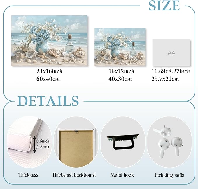 LLEEMPI Framed Coastal Beach Wall Art, Seashell Starfish Ocean Wall Decor, Shell Floral Sea Canvas Print, Blue Sky White Cloud Landscape Poster Print for Bathroom Bedroom Office 16x24 Inch