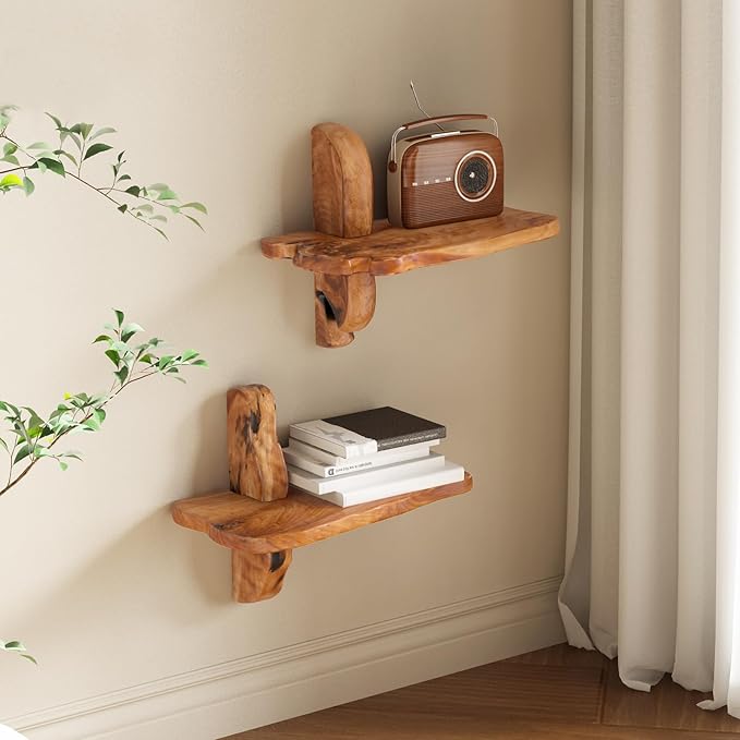 Live Edge Wall Mounted Beside Shelf – 16" Set of 2, Floating Nightstand Handcrafted Root Cedar Bedside Floating Shelf, Unique Natural Wood Wall Decor for Bedroom, Living Room, or Entryway