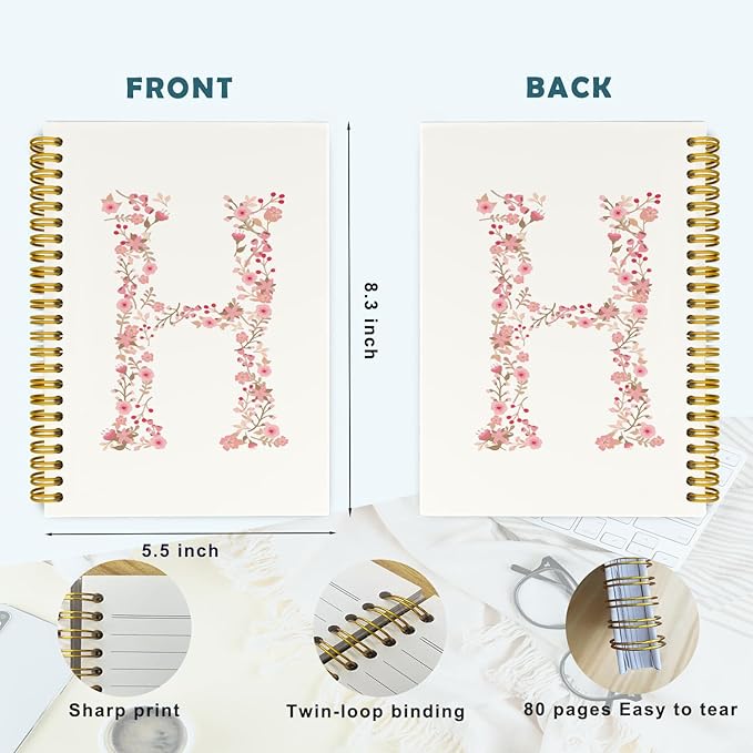 Pink Cute Spiral Notebook Journal, Preppy Floral Initial Letter H Personalized Journaling Notebooks, Monogrammed Gifts for Women Girls, Botanical Hardcover Spiral Lined Notebook 5.5 x 8.3