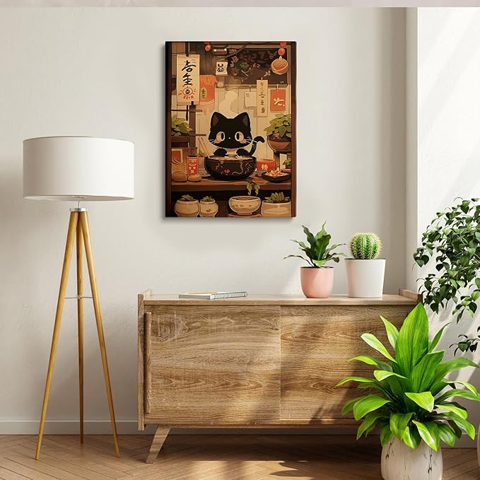 Noodle Black Cat Poster,Tonkine Cat Print,Edo Period Ramen Noodles Art,Ramen Stall Print,Vintage Ramen Print,Japan Black Cat Poster,Eating Hungry Cat For,Kitchen Wall Art16x24Unframed