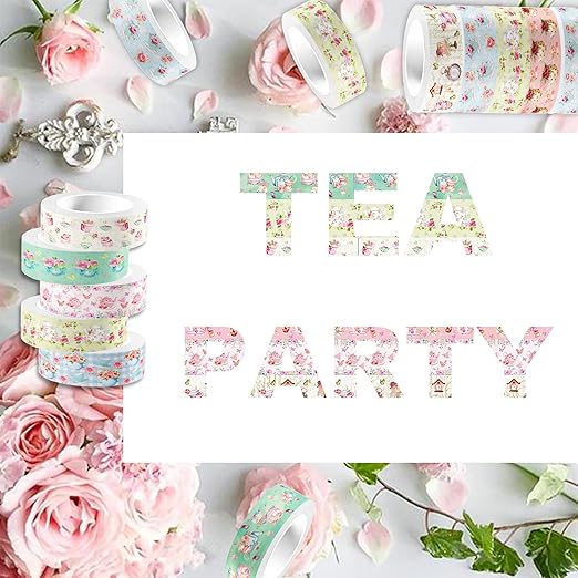 12 Rolls Tea Party Washi Tape, Afternoon Tea Decorative Tape for Scrapbooking, Bullet Journals, Planners, Party Decorations, DIY Crafts, Gift Wrapping, 16.4FT