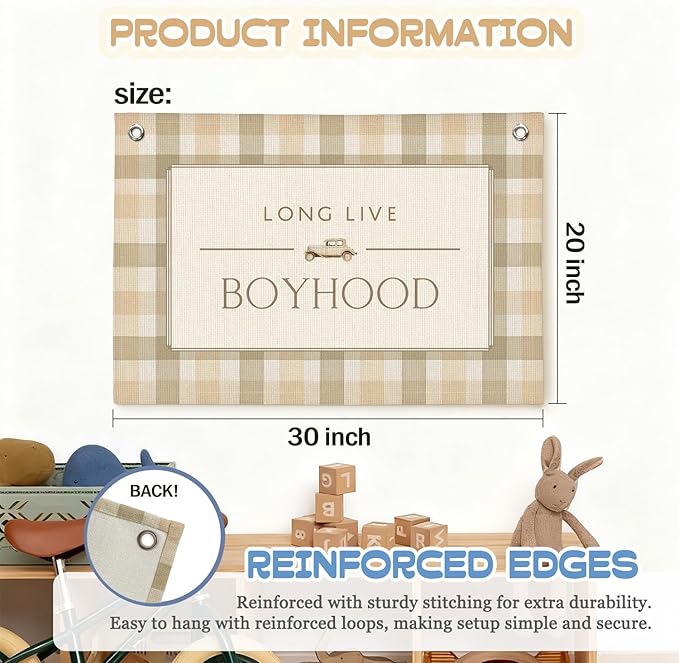 Vintage Long Live Boyhood Boys Room Decor Wall Art,Car Room Decor Linen Banner Print Wall Hanging for Toddler Dorm Playroom Nursery 30X20 Inch