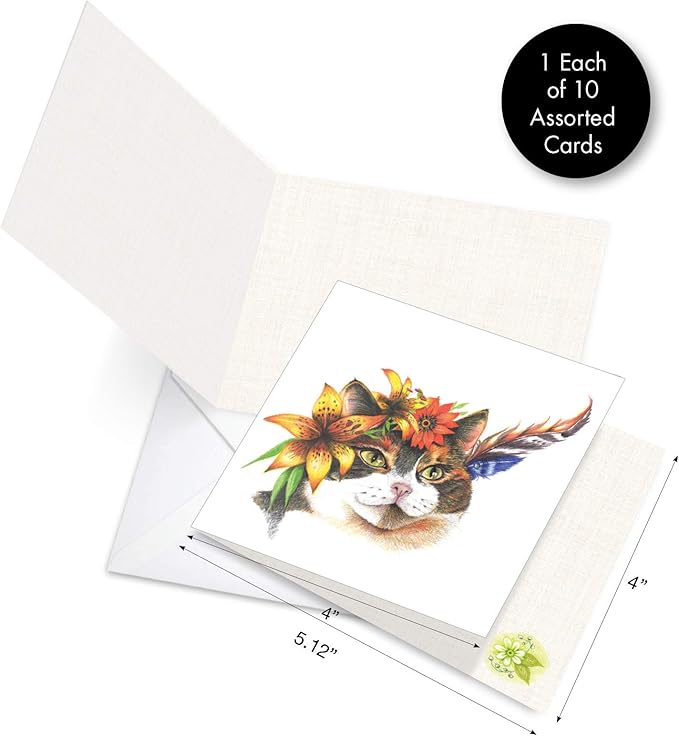 The Best Card Company - 10 All Occasion Blank Cat Cards (4 x 5.12 Inch) - Cute Assorted Bulk Card Set - Fabulous Felines AMQ5649OCB-B1x10