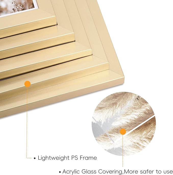 ArtbyHannah Gallery Wall Frame Set, 8 Pack Picture Frames Collage Wall Art Decor with Neutral Pampas Grass for Bedroom, Assorted Size Including 8"x10", 5"x7", 4"x6", 6"x6"(Gold Frame,Small)