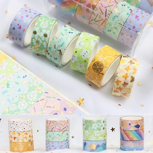Candy Color Washi Tape Set 12 Rolls Bronzing Decorative Holiday Arts and Craft Washi Masking Tapes for Scrapbooking,Bullet Journal, Planner,Gift Wrapping, Stationery