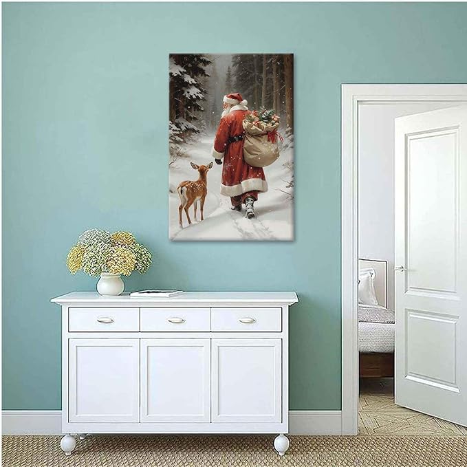 Canvas Wall Art Vintage Santa Claus Print Christmas Wall Art Reindeer Painting Christmas Holiday Decor Winter Forest Painting 28x40in-UnFramed