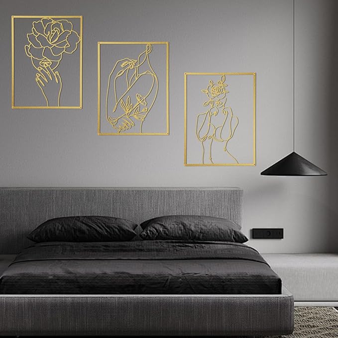 GOKURVG Abstract Metal Wall Art, 3D Hollow-out Wall Décor, 16.5x12.5in Set of 3 Wall Art for Bedroom Living Room Office Unique Minimalist Hanging Sculpture Glod
