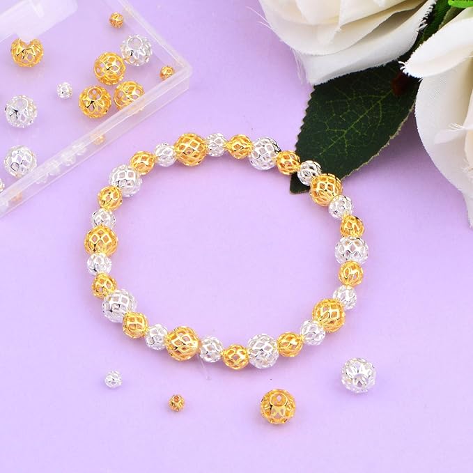 1 Box 60pcs 3 Sizes 18K Golden Silver Plated Round Hollow Spacer Beads Brass Filigree Hollow Out Ball Beads Accessories for DIY Bracelet Necklace Earrings Jewelry Making